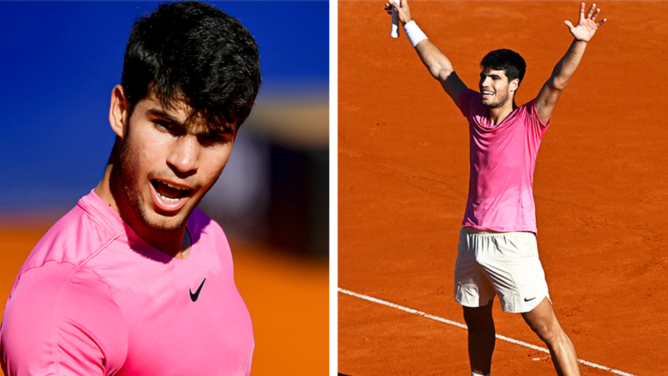 Carlos Alcaraz (pictured left) fist-pumping and (pictured right) Alcaraz celebrating the Argentina Open title.