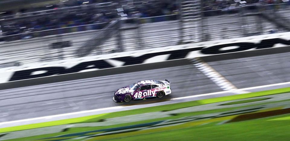 Alex Bowman crosses the finish line in a single-car, qualifying run ahead of the 2023 Daytona 500.