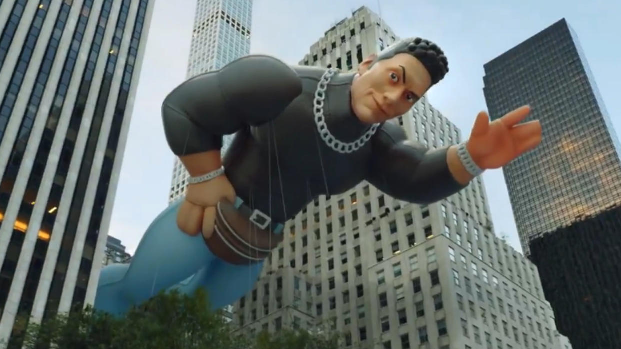 Dwayne Johnson depicted as a Macy's Parade float to promote his new show 'Young Rock'. (Credit: NBC)