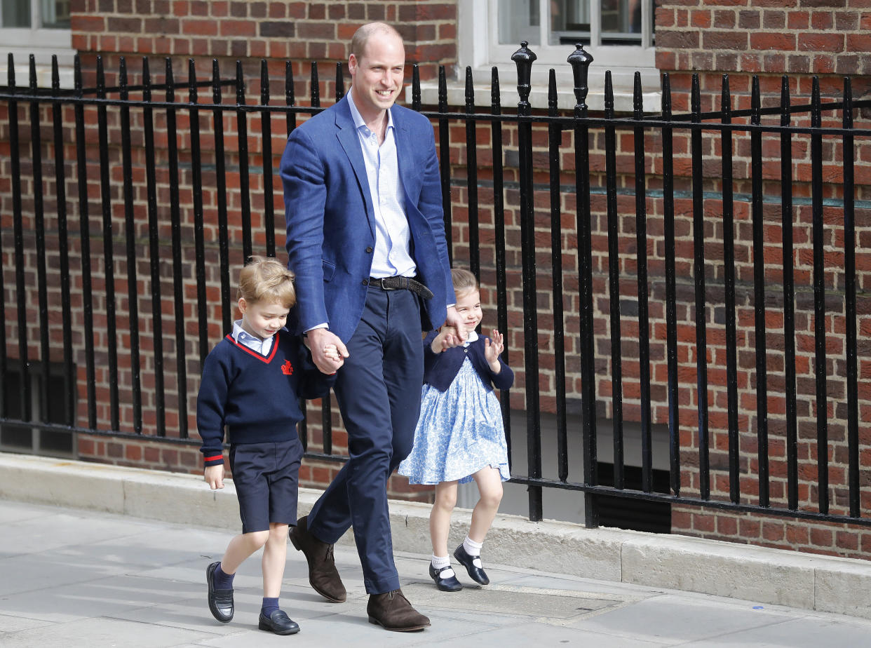The royal family arrives at St. Mary’s Hospital, where the Duchess of Cambridge gave birth Monday morning to a healthy baby boy — a third child for Kate and Prince William and fifth in line to the British throne. (Photo: Frank Augstein/AP)