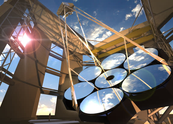 An artist's illustration of the completed Giant Magellan Telescope atop Las Campanas Peak in Chile's Atacama Desert. The 80-foot (24.5-meter) telescope will consist of seven primary mirrors and feature an advanced adaptive optics system. It wil