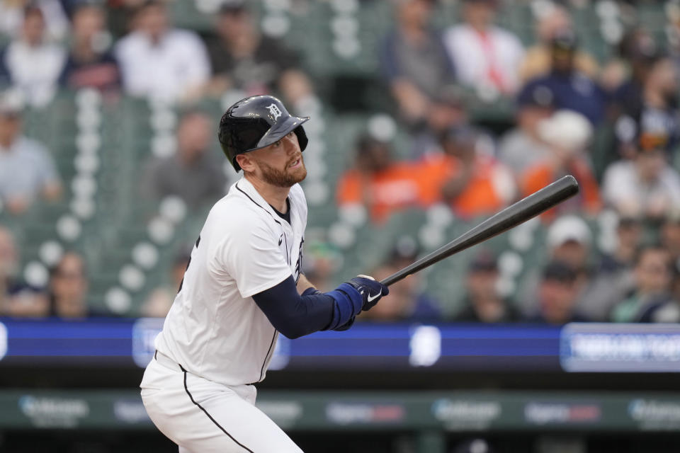 Detroit Tigers' Carson Kelly hits a RBI single to right during the second inning of a baseball game against the Miami Marlins, Monday, May 13, 2024, in Detroit. (AP Photo/Carlos Osorio)