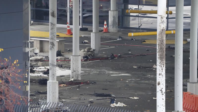 Debris is scattered about inside the customs plaza at the Rainbow Bridge border crossing, Wednesday, Nov. 22, 2023, in Niagara Falls, N.Y. The border crossing between the U.S. and Canada has been closed after a vehicle exploded at a checkpoint on a bridge near Niagara Falls. The FBI’s field office in Buffalo said in a statement that it was investigating the explosion on the Rainbow Bridge, which connects the two countries across the Niagara River.