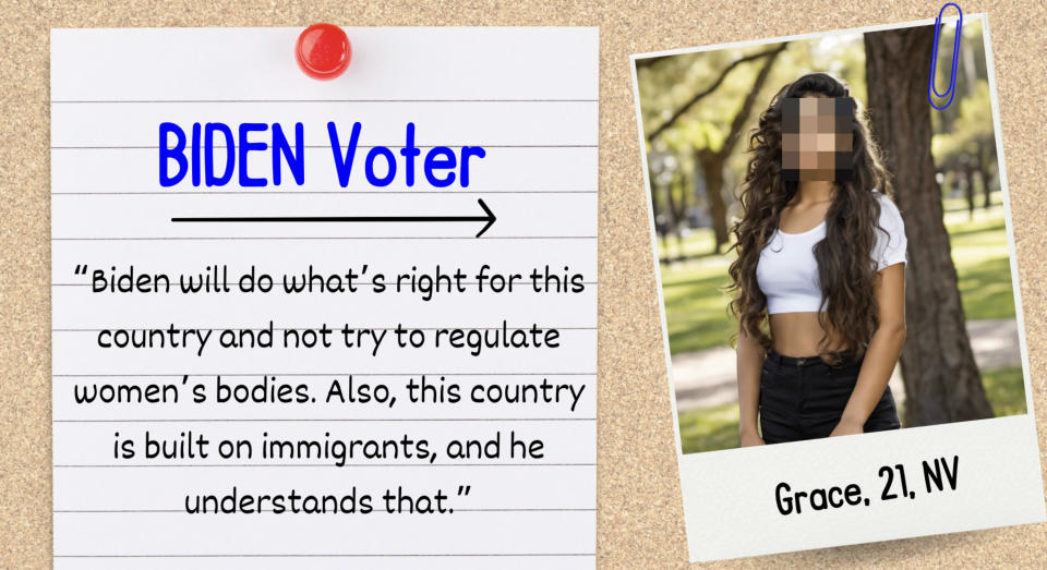 Polaroid of Grace, 21, NV next to a note pinned on a corkboard that reads: BIDEN Voter. Quote: "Biden will do what's right for this country..."