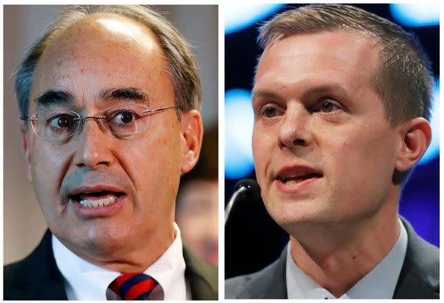 Former Rep. Bruce Poliquin (R-Maine), left, is seen in 2017, and Rep. Jared Golden (D-Maine), at right, is seen in 2018. (Photo: Robert F. Bukaty via Associated Press)