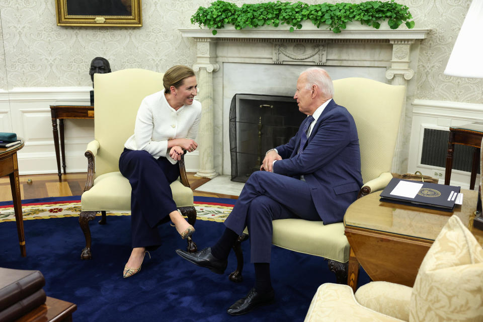 President Joe Biden meets with Prime Minister Mette Frederiksen of Denmark in the Oval Office at the White House on June 5, 2023. / Credit: Kevin Dietsch / Getty Images