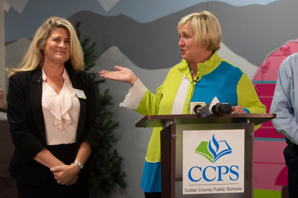 Collier County Public Schools Superintendent Dr. Kamela Patton introduces CCPS School Board Chair Jen Mitchell during a press conference about the FLODE district and school grades, Thursday, July 7, 2022, at Naples Park Elementary in Naples, Fla.CCPS earned an A-rating as a school district.