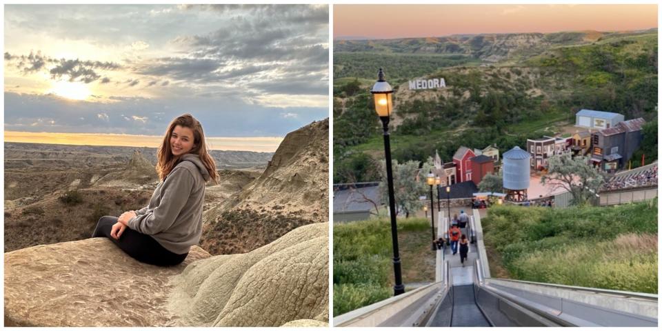 Madi Lee poses for a photo on a hike/an overhead shot of Medora