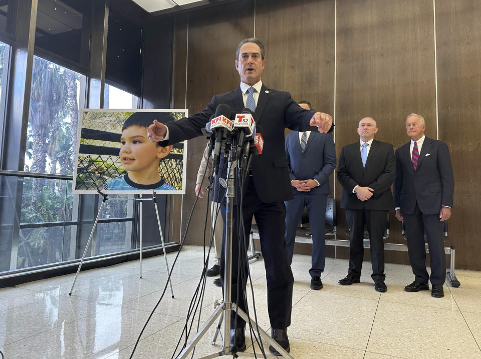 Orange County District Attorney Todd Spitzer speaks with reporters at the courthouse in Santa Ana, Calif., after the verdict was read on Thursday, Jan. 25, 2024. Jurors found 26-year-old Marcus Eriz guilty of second-degree murder for firing a shot on the freeway that killed a 6-year-old boy who was riding in the back of his mother's car. (AP Photo/Amy Taxin)