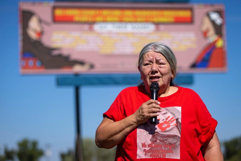 Kaysera Stops Pretty Places' grandmother, Yolanda Fraser speaks during a dedication ceremony for a billboard in support of the Missing and Murdered Indigenous People movement on Tuesday, Aug. 29, 2023, along I-90 in Hardin, Mont. (AP Photo/Mike Clark)