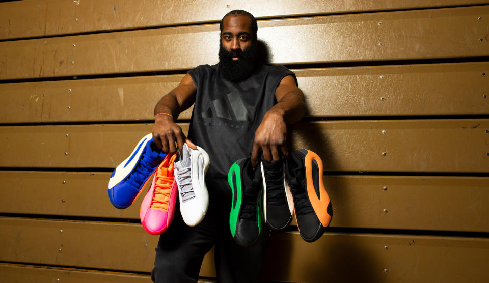 James Harden and the initial six colorways for his Adidas Harden Vol. 8.