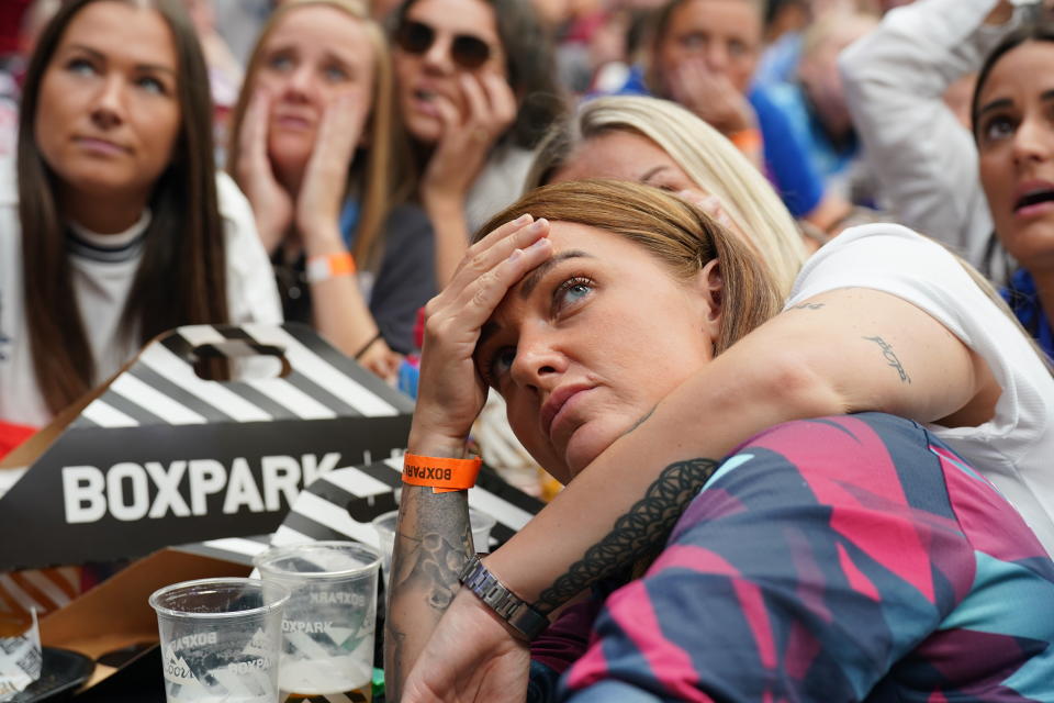England fans during a screening of the FIFA Women's World Cup 2023 final between England and Spain at BOXPARK Wembley, London. Picture date: Sunday August 20, 2023. (Photo by Lucy North/PA Images via Getty Images)