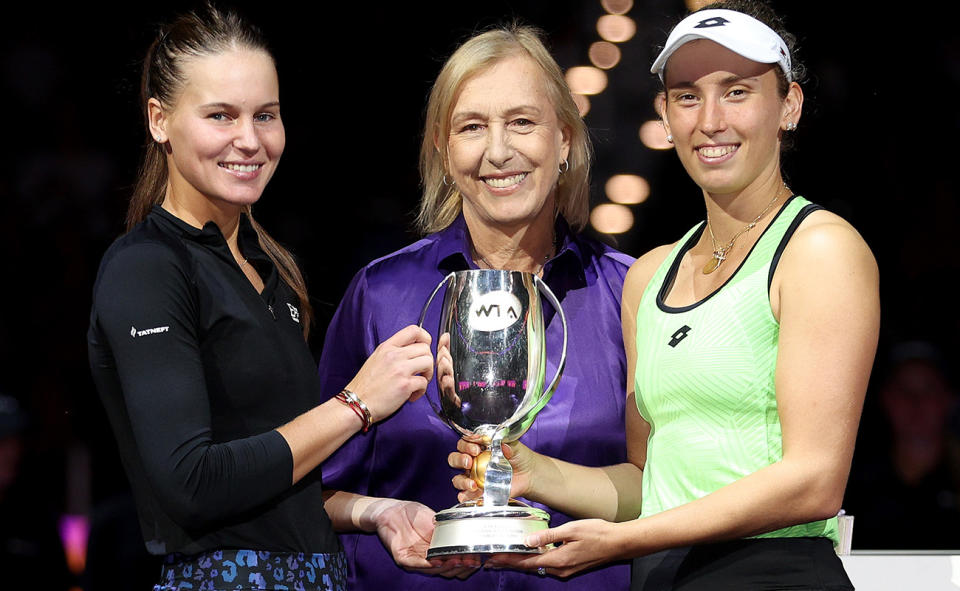 Martina Navratilova, pictured here with Veronika Kudermetova and Elise Mertens at the WTA Finals in 2022.