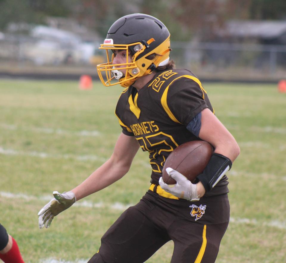 Senior Jack Lane (22) recorded a receiving touchdown for the Pellston Hornets in Saturday's home matchup against Onaway.