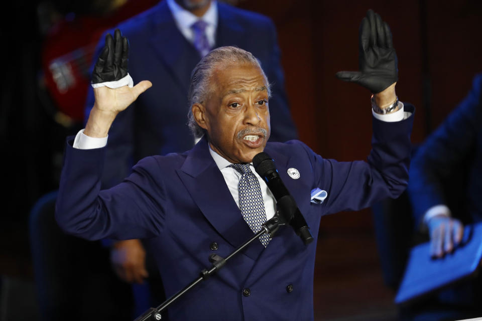 The Rev. Al Sharpton speaks at a memorial service for George Floyd at North Central University Thursday, June 4, 2020, in Minneapolis. (AP Photo/Julio Cortez)