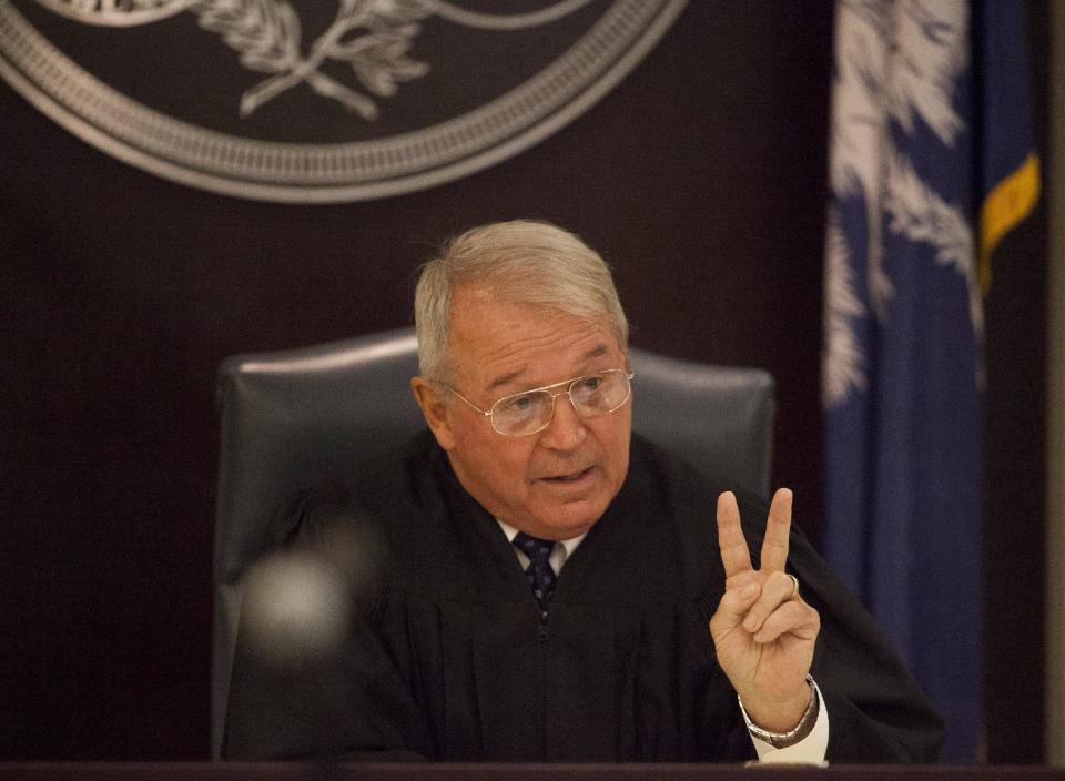 Judge J.C. Nicholson makes a point during a hearing on a gag order in the pending trial of Dylann Roof, at the Judicial Center in Charleston, South Carolina July 16, 2015. The South Carolina Press Association is challenging a decision by Judge Nicholson made last week on potential trial participants as well as banning the release of documents in the case, including 911 police dispatch calls, coroner's reports and witness statements. REUTERS/Randall Hill