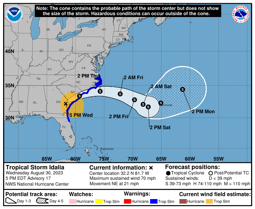 Hurricane Idalia was downgraded to a tropical storm at 5pm on Wednesday as it neared South Carolina (National Hurricane Center, NOAA)