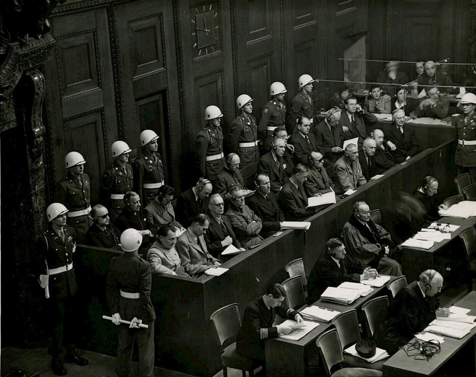 The defendants in the courtroom during the Einsatzgruppen trial.