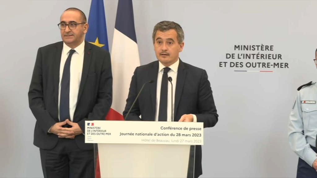 Le ministre de l'Intérieur Gérald Darmanin, lors d'une conférence de presse au ministère de l'Intérieur, le 27 mars 2023 à Paris. - BFMTV