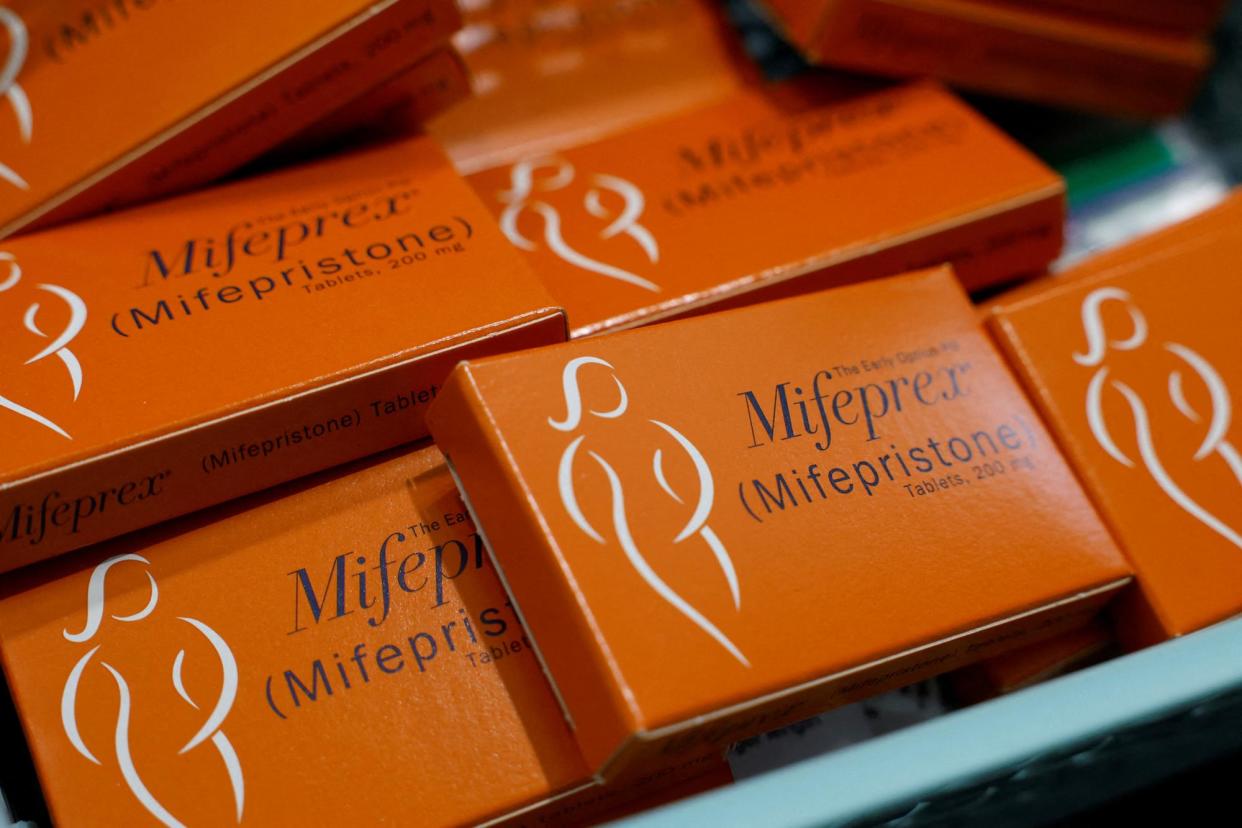 <span>Boxes of mifepristone in Carbondale, Illinois, on 20 April 2023.</span><span>Photograph: Evelyn Hockstein/Reuters</span>