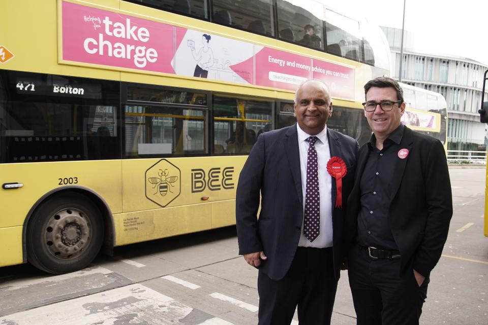 Labour candidate for Rochdale, Azhar Ali (left), is joined by Mayor of Manchester Andy Burnham in Rochdale town centre as he launches his campaign for the up-coming Rochdale by-election, triggered by the death of Sir Tony Lloyd. Picture date: Wednesday February 7, 2024.