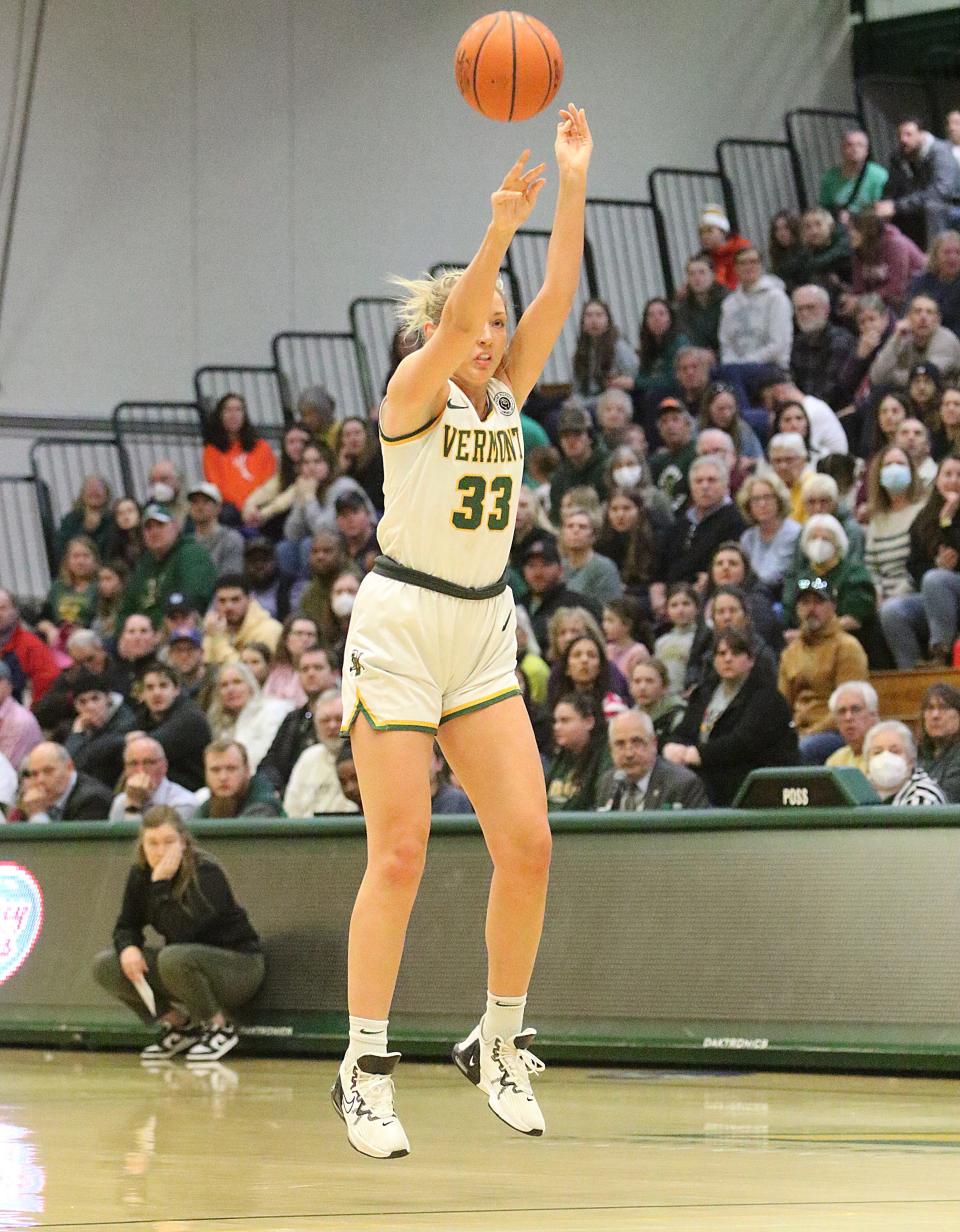 Vermont's Delaney Richason shoots a jump shot during the Catamounts 75-63 win over UMBC in the America East semifinals on Sunday afternoon at Patrick Gym.