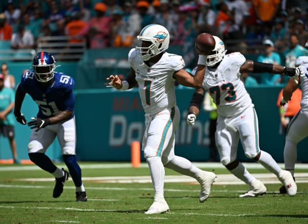 Miami Dolphins quarterback Tua Tagovailoa (1) throws against the New York Giants in on Sunday at Hard Rock Stadium in Miami Gardens, Fla. Photo by Larry Marano/UPI