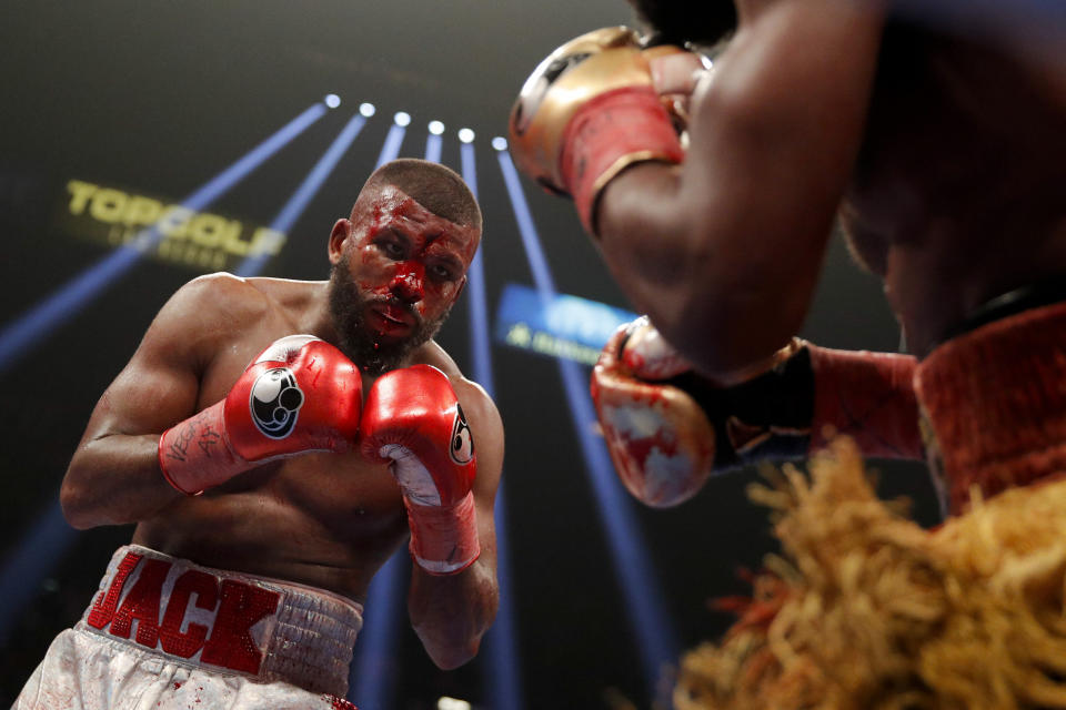 Badou Jack, left, fights Marcus Browne in the WBA interim light heavyweight title boxing bout on Jan. 19, 2019, in Las Vegas. (AP Photo/John Locher)