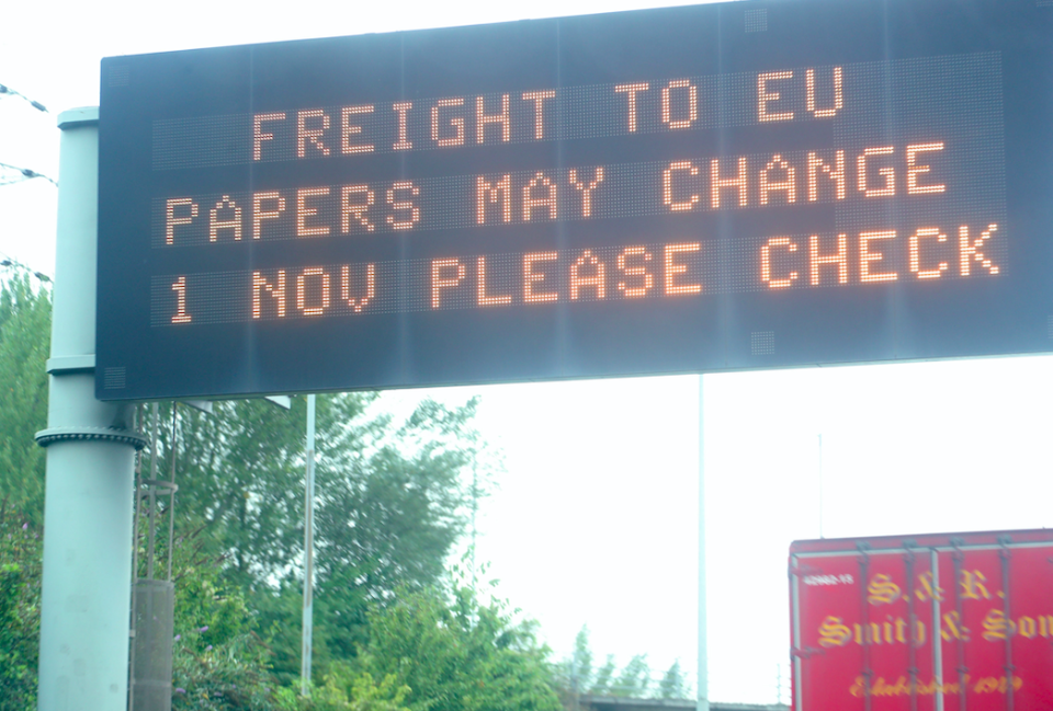 An electronic road sign on the A2 in Gravesend warning of possible changes to EU paperwork post-Brexit (PA)