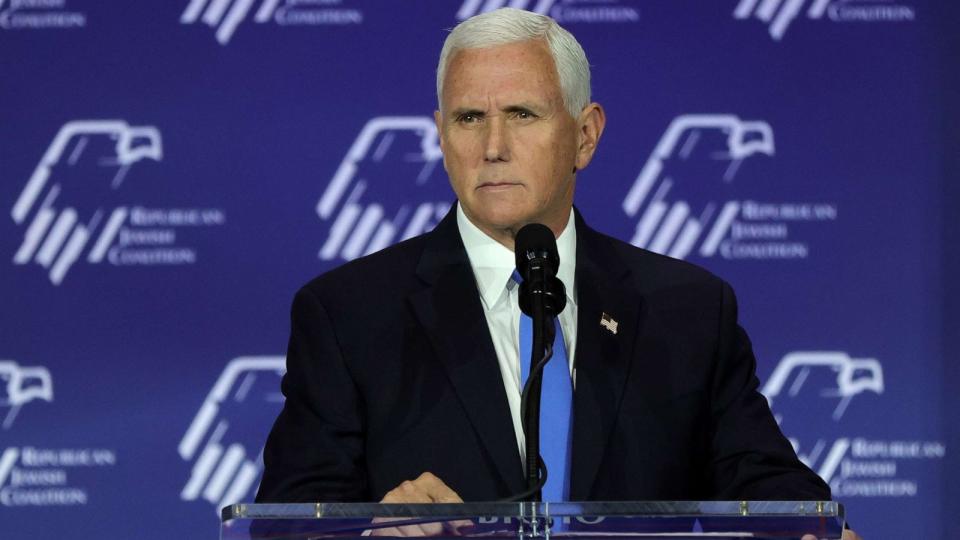 PHOTO: Republican presidential candidate former Vice President Mike Pence speaks during the Republican Jewish Coalition's Annual Leadership Summit on Oct. 28, 2023, in Las Vegas. (Ethan Miller/Getty Images)