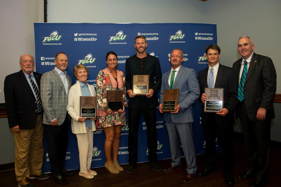 Duane Swanson Sr. (posthumously), Brooke Youngquist Sweat, Chris Sale, Dr. William “Bill” Merwin (posthumously) and Dr. Ben Hill Griffin III (posthumously) are inducted into the inaugural class of the FGCU Athletics Hall of Fame, Friday, Jan. 14, 2022, at the Cohen Student Union in Fort Myers, Fla.