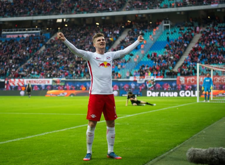 Leipzig's forward Timo Werner celebrates after scoring during the German first division Bundesliga football match against FC Cologne February 25, 2017