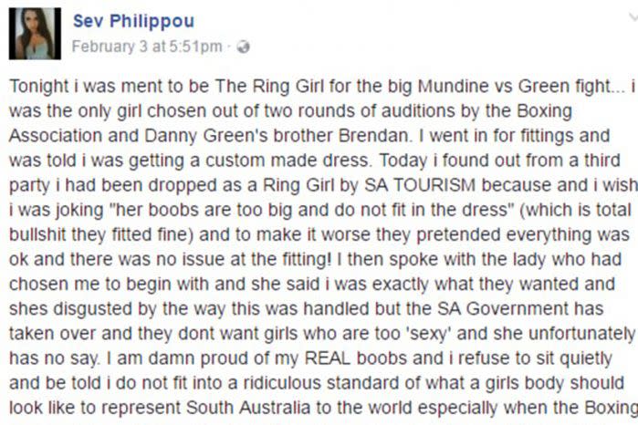 The South Australian model took to Facebook to vent her anger.