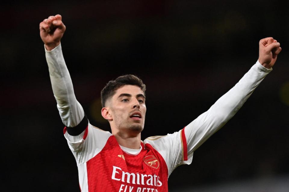 Arsenal's German midfielder #29 Kai Havertz celebrates after scoring their third goal during the English Premier League football match between Arsenal and Chelsea at the Emirates Stadium in London on April 23, 2024. (Photo by GLYN KIRK/AFP via Getty Images)