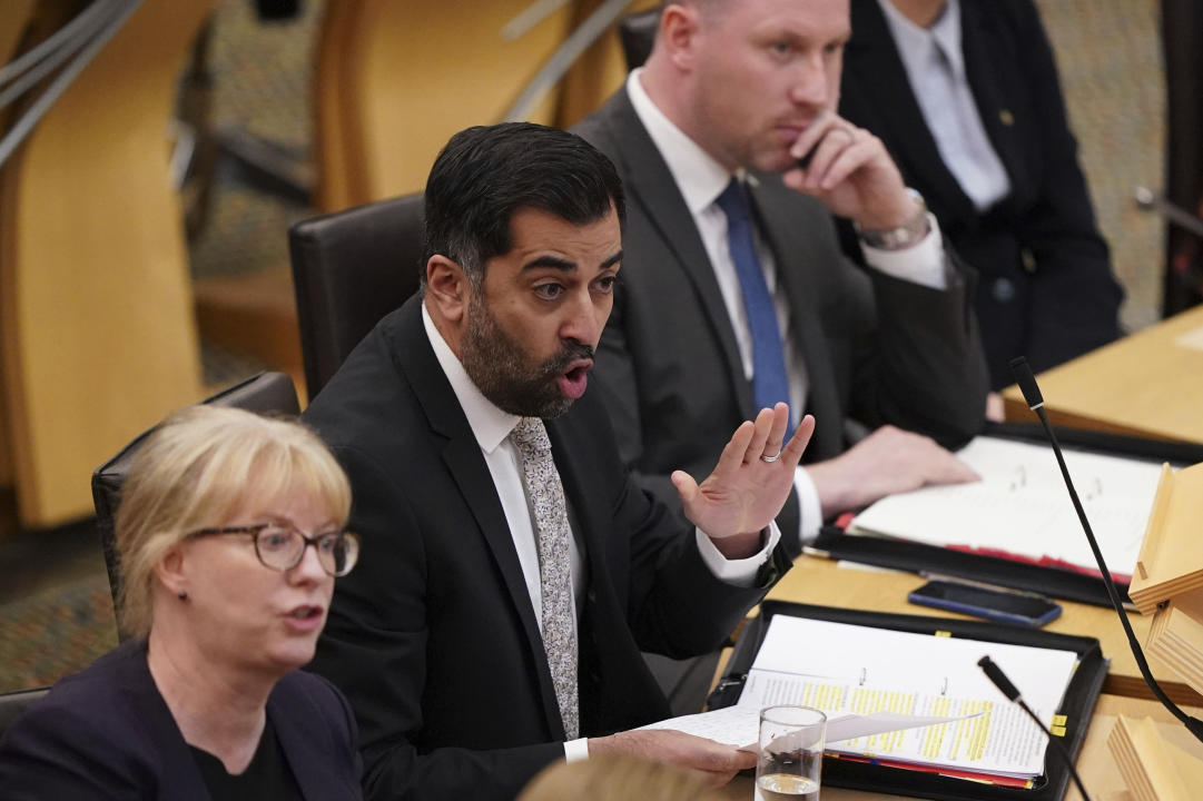 First Minister of Scotland Humza Yousaf speaks during First Minister's Questions at the Scottish Parliament in Holyrood, Edinburgh, Scotland, Thursday April 18, 2024. (Andrew Milligan/PA via AP)