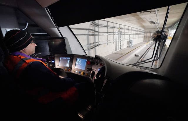 An Elizabeth line train is driven from Paddington to Canary Wharf (Jonathan Brady/PA)