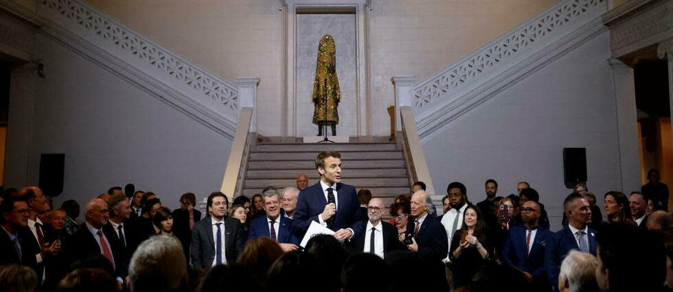 Emmanuel Macron évoque les relations entre la Louisiane et la France au musée d'Art de La Nouvelle-Orléans, le 2 décembre.  - Credit:LUDOVIC MARIN / AFP