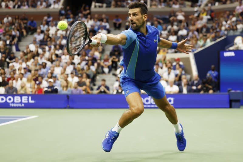 Novak Djokovic of Serbia hits a return to Daniil Medvedev of Russia in the men's singles final at the 2023 U.S. Open on Sunday in Flushing, N.Y. Photo by John Angelillo/UPI