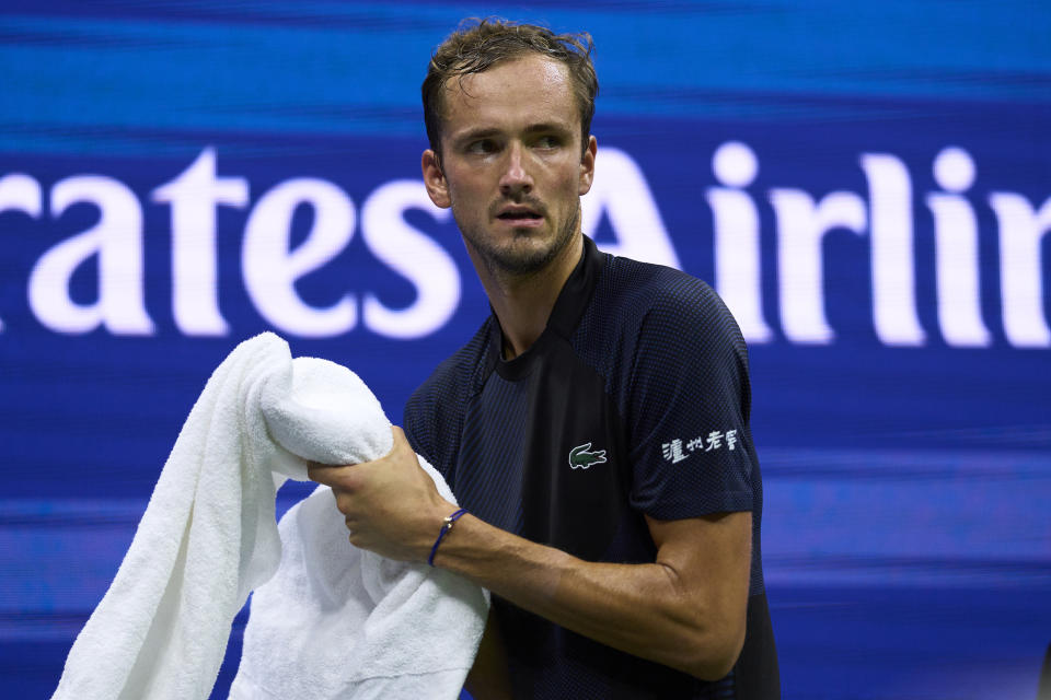 Daniil Medvedev (pictured) grabbing his towel during the US Open.