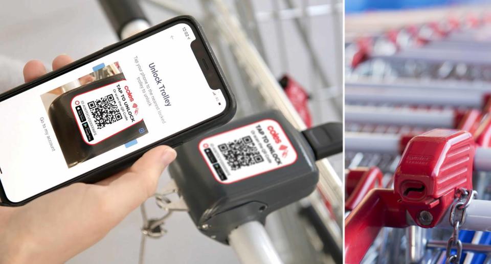 Coin-operated trolley next to Coles app scanner trolley tech. Source: Coles, Getty Images