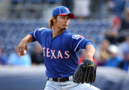 PEORIA, AZ - MARCH 07: Starting pitcher Yu Darvish #11 of the Texas Rangers pitches against the San Diego Padres during the spring training game at Peoria Stadium on March 7, 2012 in Peoria, Arizona. (Photo by Christian Petersen/Getty Images)