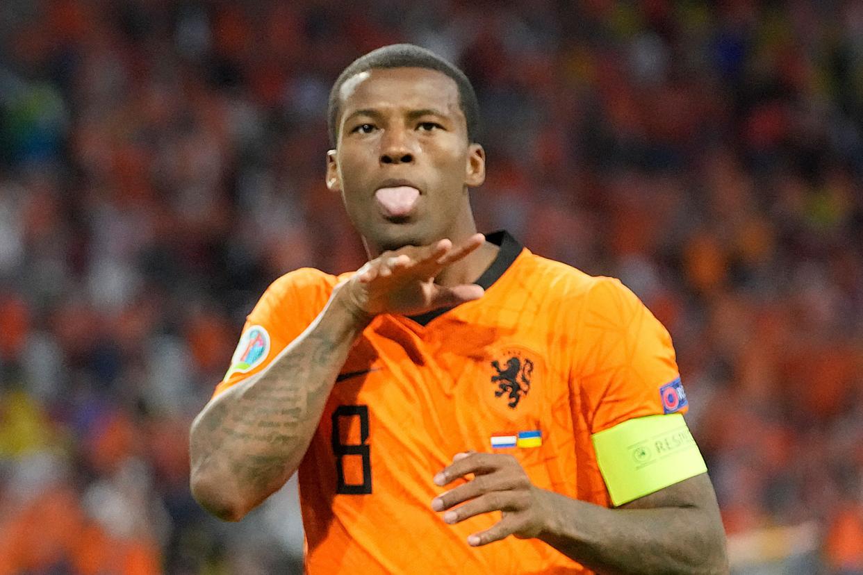 Stand-in captain Georginio Wijnaldum scored the Netherlands’ first goal against Ukraine on Sunday (POOL/AFP via Getty Images)