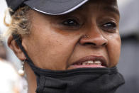 Marcellis Stinnette's grand mother Sherrellis Stinnette speaks during protest rally for Marcellis Stinnette who killed by Waukegan Police Tuesday in Waukegan, Ill., Thursday, Oct. 22, 2020. Stinnette, 19, was killed and his girlfriend and the mother of his child, Tafara Williams, was wounded when a police officer in Waukegan opened fire Tuesday night after police said Williams' vehicle started rolling toward the officer following a traffic stop. (AP Photo/Nam Y. Huh)