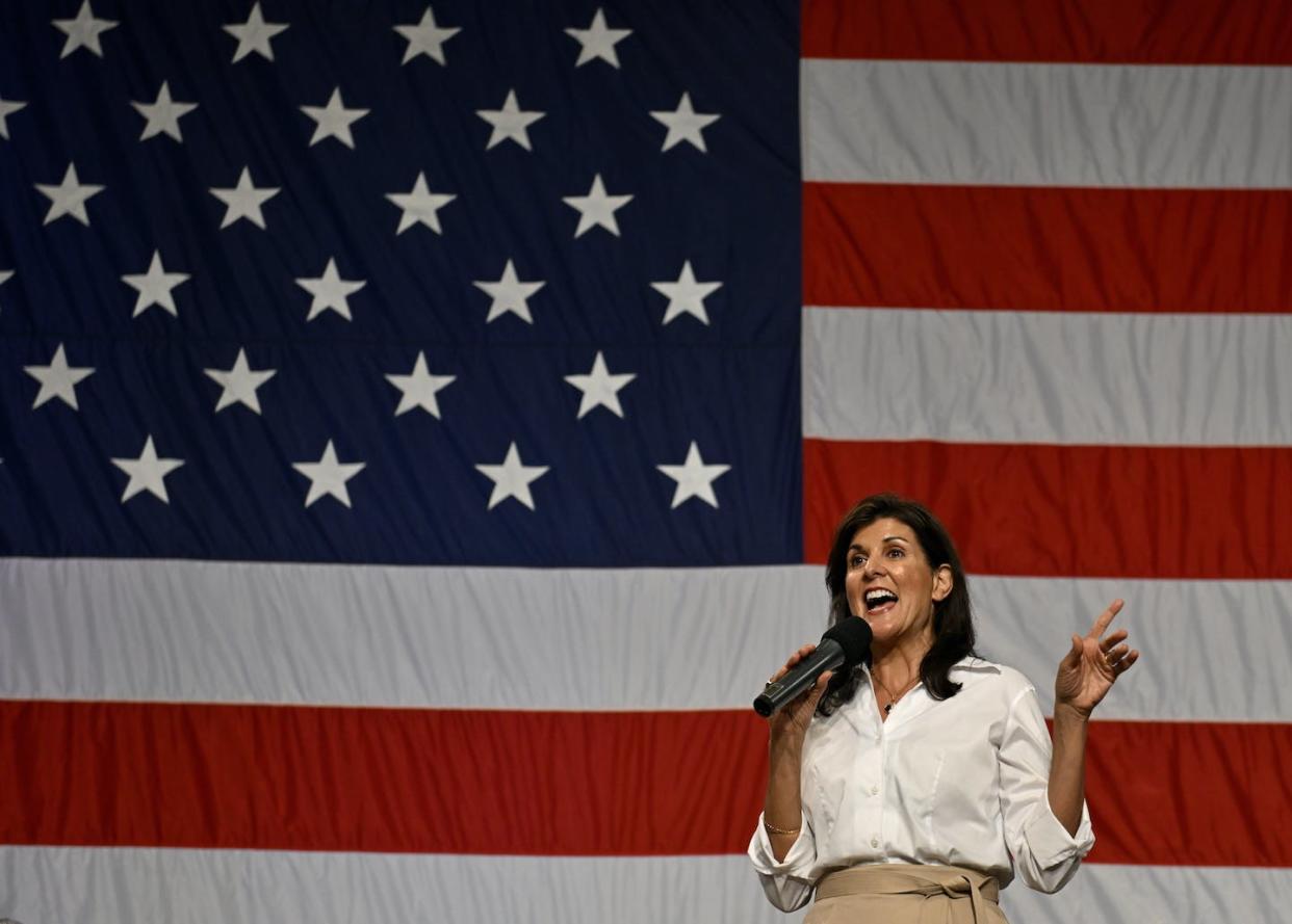 Republican presidential candidate Nikki Haley holds a town hall in South Carolina on Aug. 28, 2023. <a href="https://www.gettyimages.com/detail/news-photo/following-a-strong-performance-in-the-first-republican-news-photo/1629838244?adppopup=true" rel="nofollow noopener" target="_blank" data-ylk="slk:Peter Zay/Anadolu Agency via Getty Images;elm:context_link;itc:0;sec:content-canvas" class="link ">Peter Zay/Anadolu Agency via Getty Images</a>