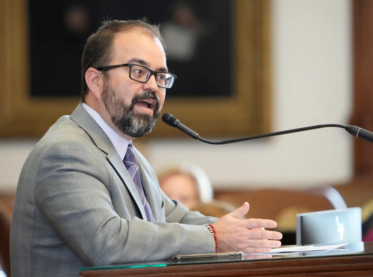 Rep. Joe Moody, D - El Paso, argues for an amendment during the debate of SB4, which seeks to increase the mandatory minimum sentence for human smuggling and operating a stash house to 10 years prison, at the Capitol on Wednesday October 25, 2023.