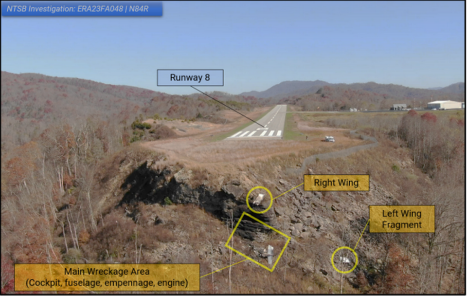 A drone photo shows the aircraft wreckage and the final approach to Tucker Guthrie Memorial Airport’s runway eight.