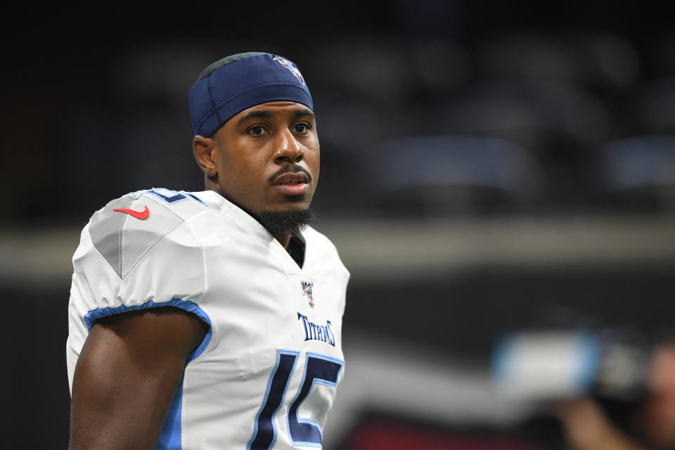 FILE - In this Sept. 29, 2019, file photo, Tennessee Titans wide receiver Darius Jennings (15) warms up before the first half of an NFL football game against the Atlanta Falcons in Atlanta. Jennings has signed a contract with the Los Angeles Chargers. The team announced the move on Monday, March 30, 2020. (AP Photo/John Amis)