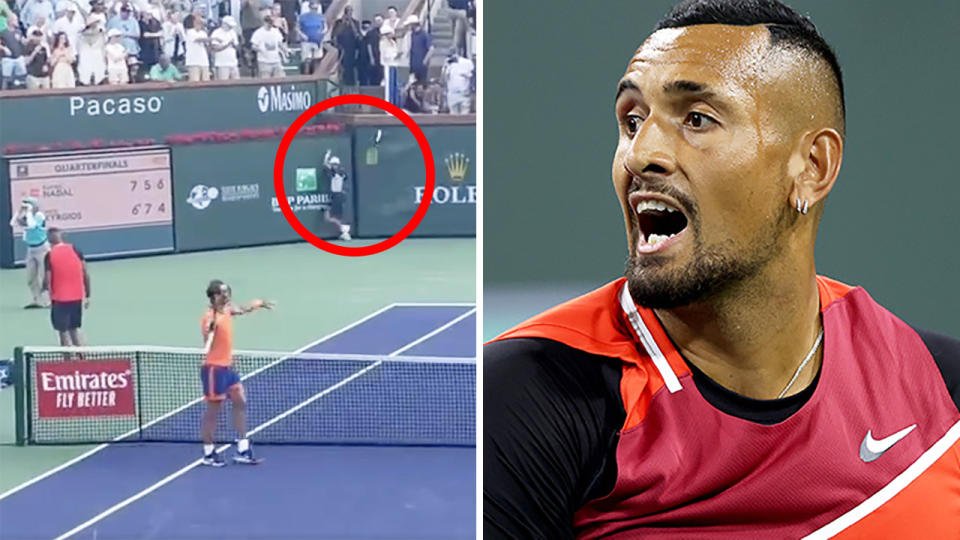 Nick Kyrgios has apologised after an angrily thrown racquet after his loss to Rafael Nadal at Indian Wells bounced and almost hit one of the ball kids. Pictures: Twitter/Getty Images