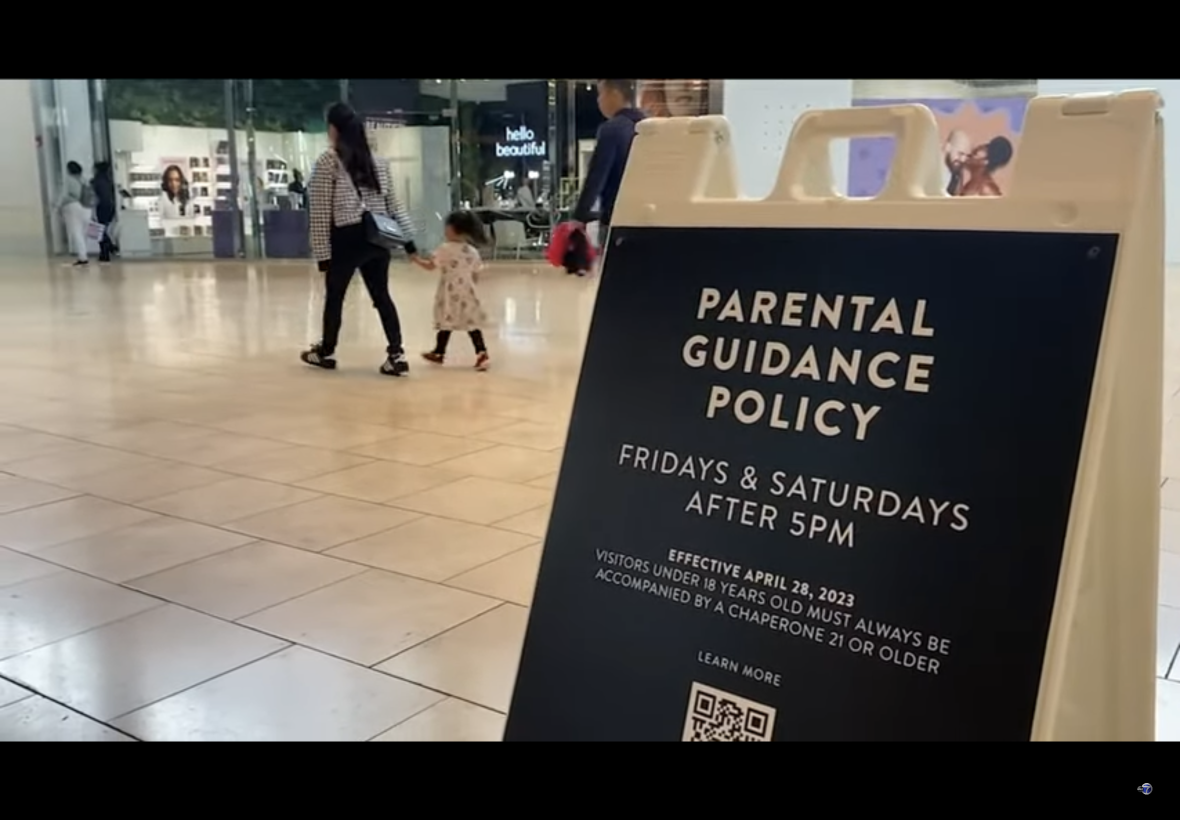 Garden State Plaza in Paramus, New Jersey is requiring anyone under 18 years old to be accompanied by a chaperone at least 21 or older on Fridays and Saturdays after 5 p.m. (Screenshot: YouTube – Eyewitness News ABC7NY)