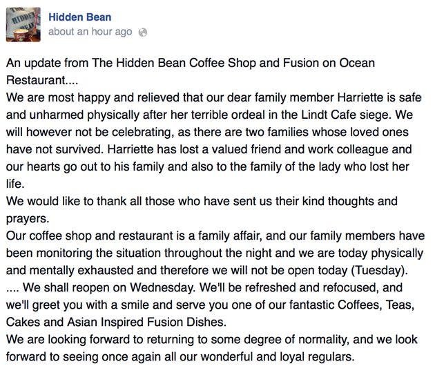 A statement on the Hidden Bean Facebook page.